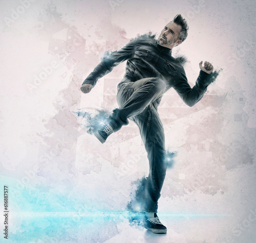 Fashion, art and man dance in studio for freedom, celebration or expression on mockup space. Creative, funky and male dancer in cool outfit with passion, hip hop or funky aesthetic on wall background