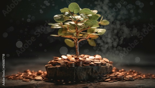 tree growing from a pile of coins