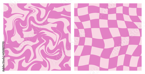 1970 Trippy Grid and Wavy Swirl Seamless Pattern Pack in Pink Color. Hand-Drawn Vector Illustration. Seventies Style, Groovy Background, Wallpaper, Print. Flat Design, Hippie Aesthetic.
