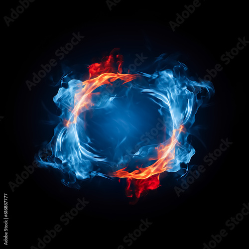 Selective focus.Fire flames, burning frame in red and blue design for create key visual art background.generative ai images