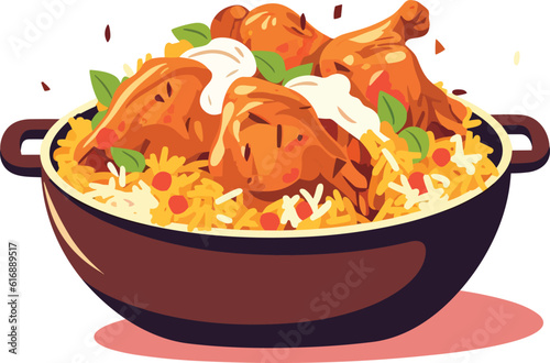 hot and spicy chicken biryani with roasted pieces and lemon illustration on isolated white background