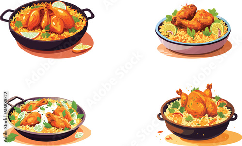set of hot and spicy chicken biryani with roasted pieces and lemon illustration on isolated white background