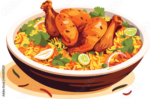 hot and spicy chicken biryani with roasted pieces and lemon illustration on isolated white background
