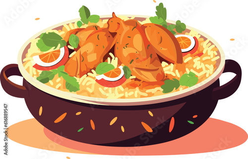 hot and spicy chicken biryani with roasted pieces and lemon illustration on isolated white background