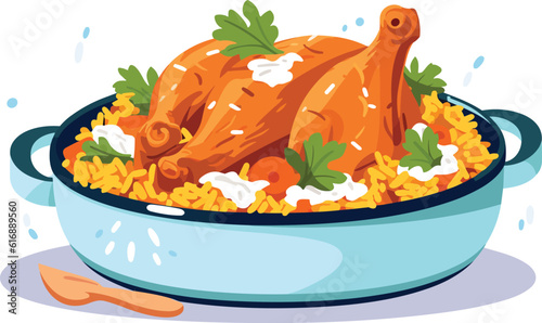 hot and spicy chicken biryani with roasted pieces and lemon illustration on isolated white background