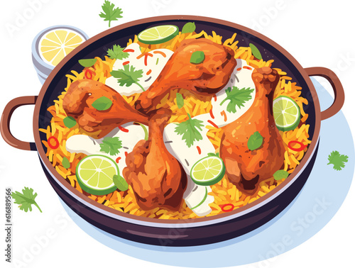 hot and spicy chicken biryani with roasted pieces and lemon illustration on isolated white background