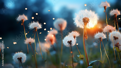 Close up of a dandelion with the seeds flying away