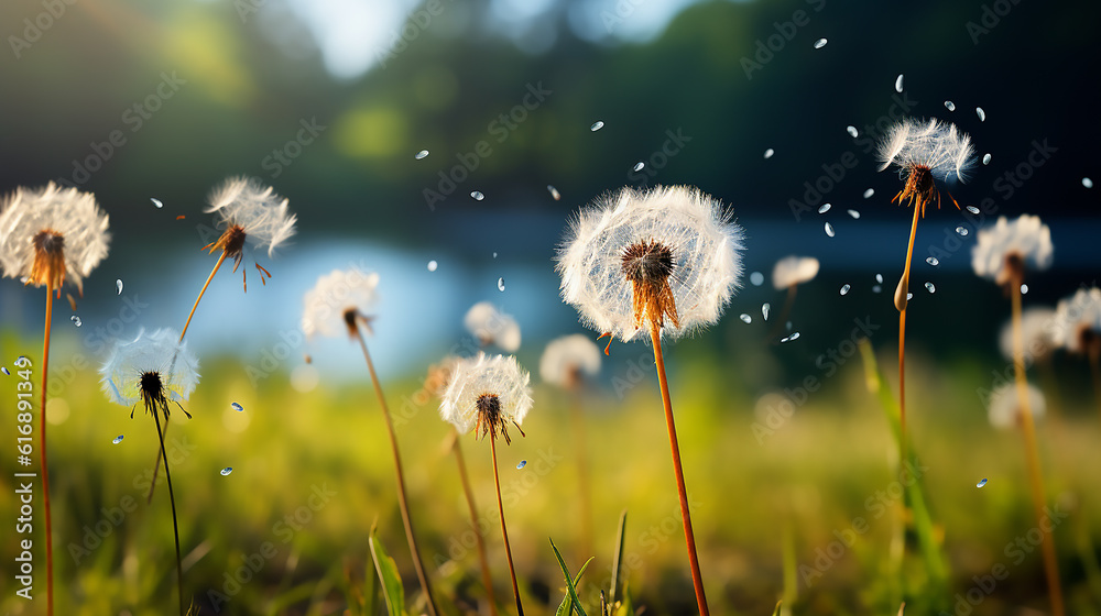 Close up of a dandelion with the seeds flying away