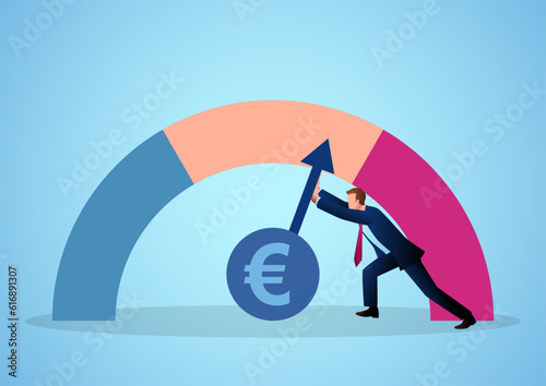 Business concept illustration of a businessman attempting to slowdown the rate of inflation, vector illustration photo