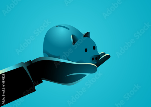 Man hand holding a piggy bank, savings, financial planning concept, vector illustration