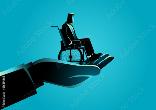 Giant hand holding a businessman in a wheelchair, emotional benefits, employee care, corporate support for disability employee concept