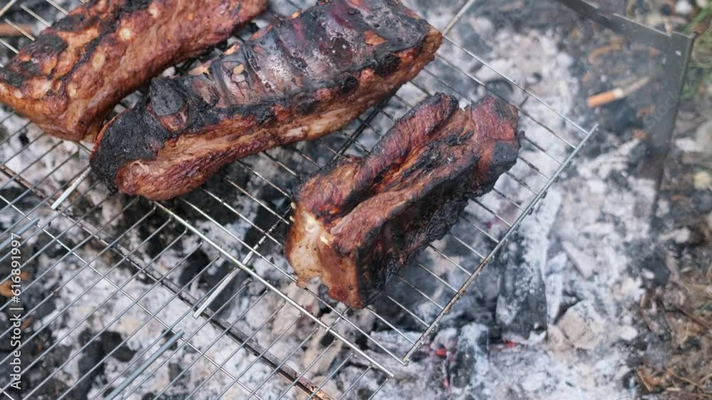 Cooking barbecue pork pickled ribs on a grill grate on bonfire charcoal Cooking barbecue pork pickled ribs on a grill grate on bonfire charcoal
