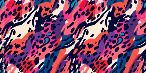 Modern seamless pattern with beautiful bright abstract elements and leopard spots. Colorful animalistic texture for  for wrapping paper, fabric print, wallpaper. Contemporary art. Trendy modern style