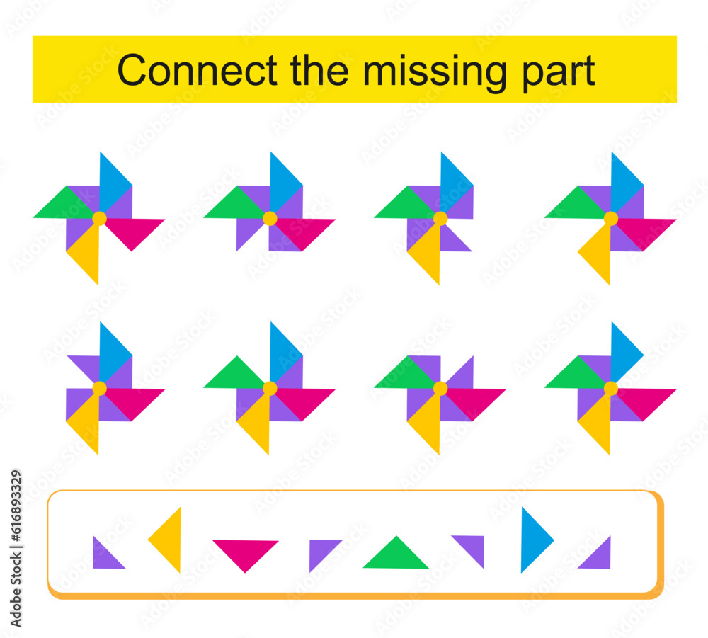 Connect the missing part. Task for the development of attention and logic. Vector illustration of the pinwheel. Connect the missing part. Task for the development of attention and logic. Vector illustration of the pinwheel.