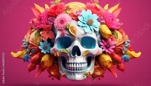 Colorful Halloween skull with colorful flowers against pink background. Creative Santa Muerte concept