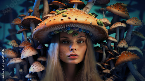 A model in the guise of a mushroom queen
