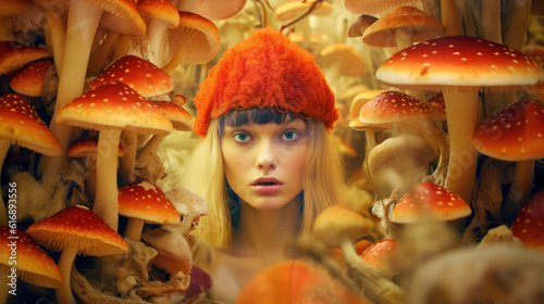 A model in the guise of a mushroom queen