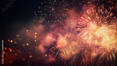 Abstract colored firework background with free space for text. Bright fireworks. Background festive night fireworks in the sky. generative ai