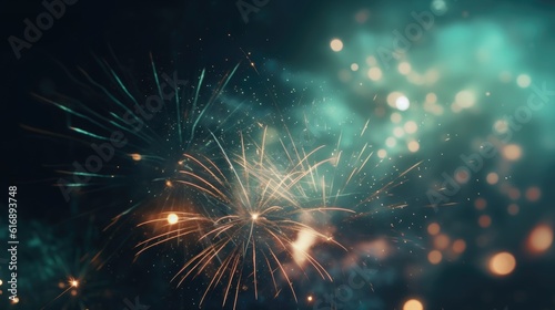 Abstract colored firework background with free space for text. Bright fireworks. Background festive night fireworks in the sky. generative ai