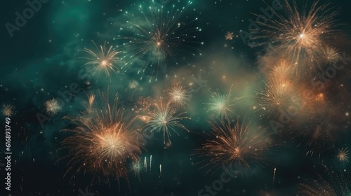 Abstract colored firework background with free space for text. Bright fireworks. Background festive night fireworks in the sky. generative ai