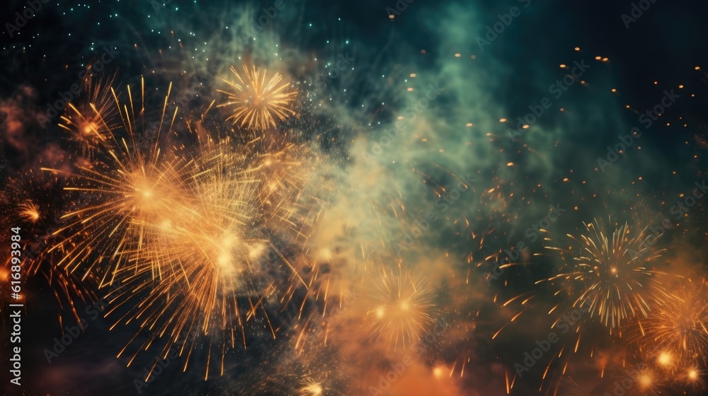 Fototapeta premium Abstract colored firework background with free space for text. Bright fireworks. Background festive night fireworks in the sky. generative ai