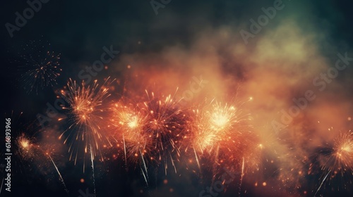 Abstract colored firework background with free space for text. Bright fireworks. Background festive night fireworks in the sky. generative ai