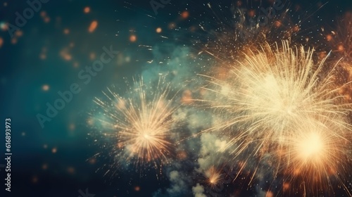 Abstract colored firework background with free space for text. Bright fireworks. Background festive night fireworks in the sky. generative ai