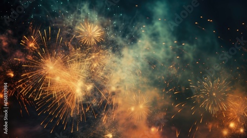 Abstract colored firework background with free space for text. Bright fireworks. Background festive night fireworks in the sky. generative ai