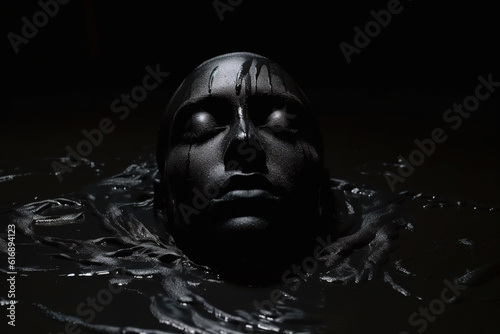 Abstract human face appears from the puddle of black oil. Generative art © Cheport