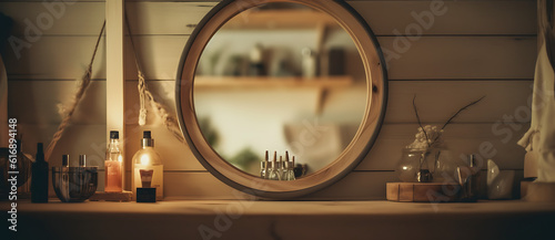 the mirror and bottles are in front of a shelf Generated by AI © 文广 张
