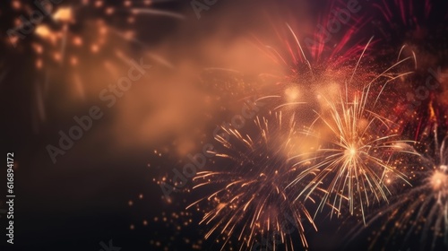 Abstract colored firework background with free space for text. Bright fireworks. Background festive night fireworks in the sky. generative ai