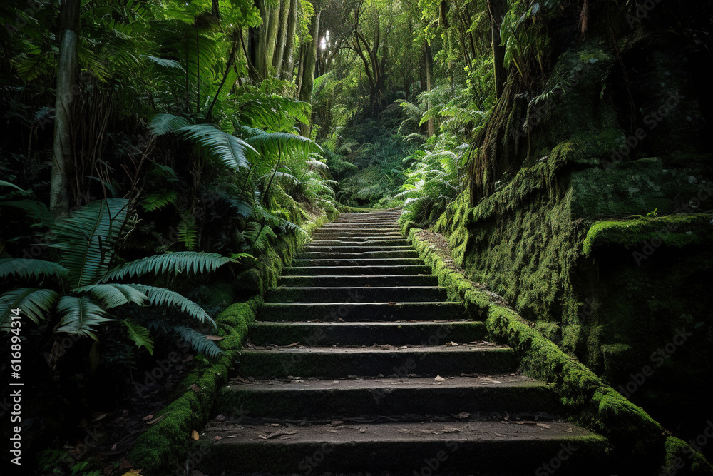Fototapeta premium Stairs to shelter in the rainforest. Beautiful artwork generated by Ai