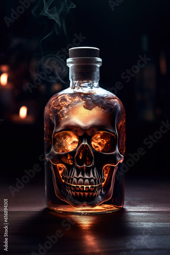 Unhealthy habits. Skull surrounded by a smoke inside of the empty alcohol bottle