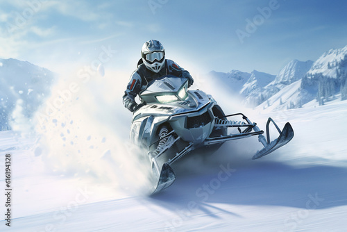 Snowmobile riding at beautiful winter snowcapped road, with a huge splashes of snow. Generative art