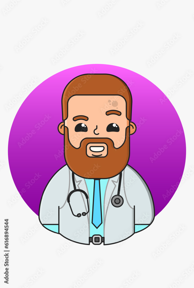Vector illustration of a specialist in a white medical coat on a round purple background