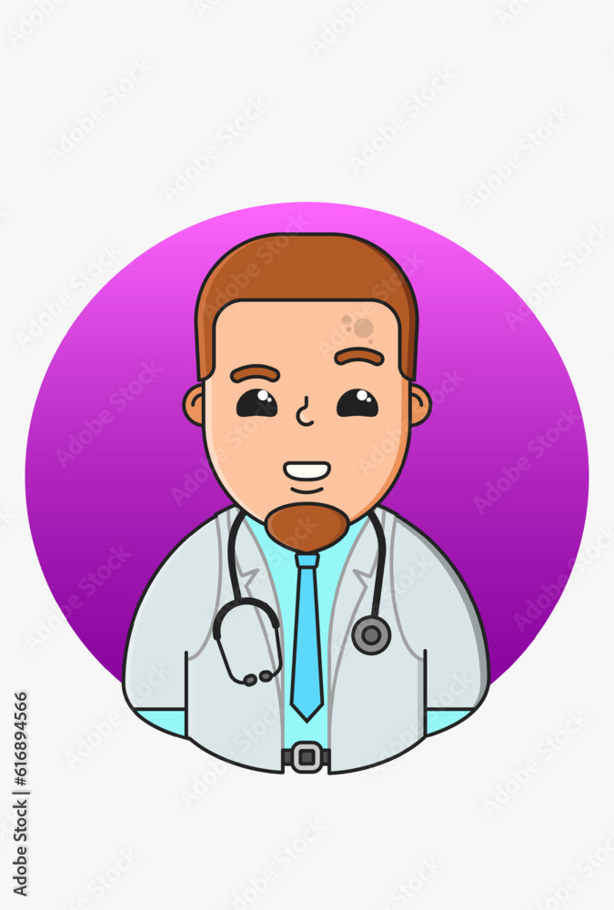 Design of a medic with brown hair and a round beard in a white coat blue shirt tie belt with a stethoscope