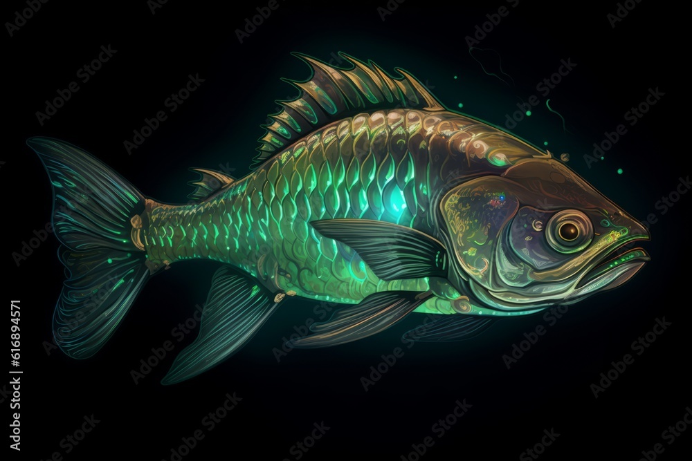 Fantasy Glowing bioluminescent fish isolated on black background. Emitting lure, illuminating the dark abyss Fantasy Glowing bioluminescent fish isolated on black background. Emitting lure, illuminating the dark abyss