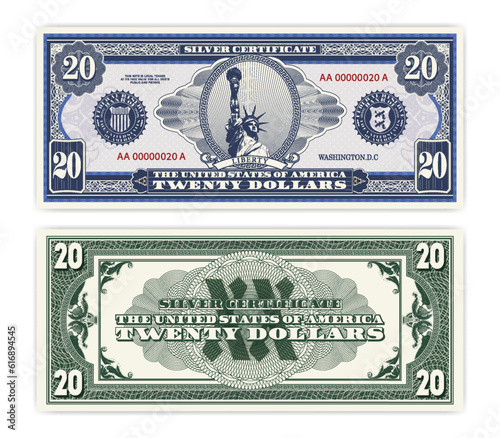 Vector blue banknote obverse and green reverse silver certificate of 20 US dollars. Oval, liberty and guilloche frame. American paper fictional money.