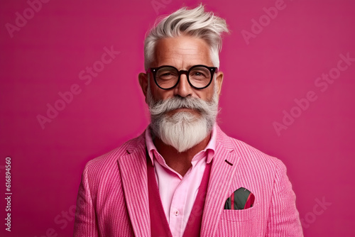 Studio shot of handsome senior man hipster dressed in stylish coat and sunglasses. Isolated on pink background