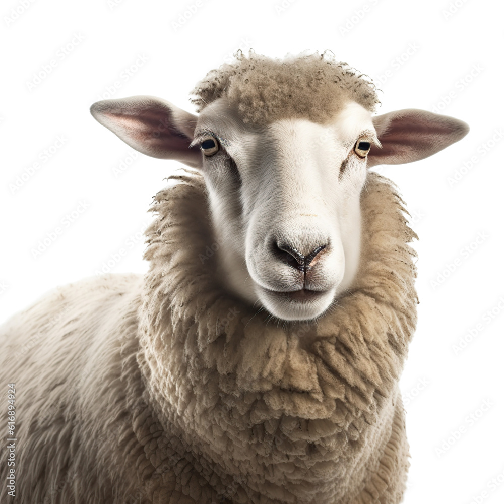 a sheep, face shot, portrait, isolated on transparent background cutout, generative ai.