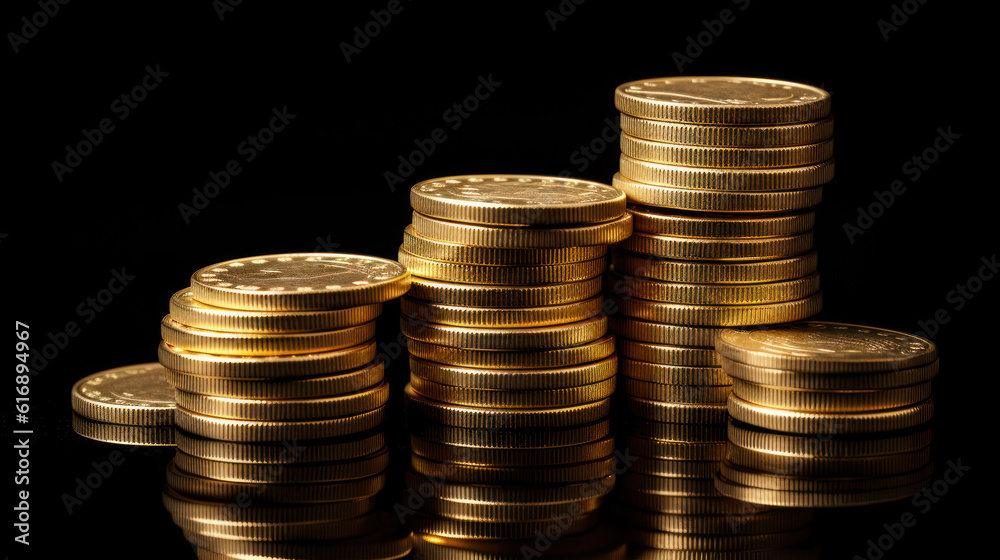 Fortune's Embrace: Stack of Gold Coins on Black. Generative AI Fortune's Embrace: Stack of Gold Coins on Black. Generative AI