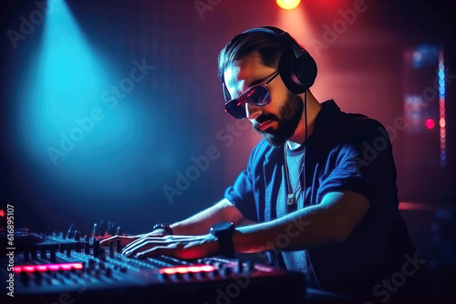 DJ plays electronic music on mixing board at nightclub party. Generative AI