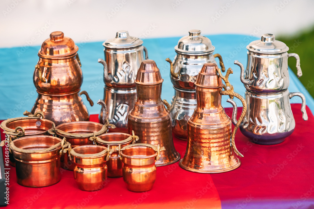 Copper coffee pot and kettle for sale at turkish market Copper coffee pot and kettle for sale at turkish market