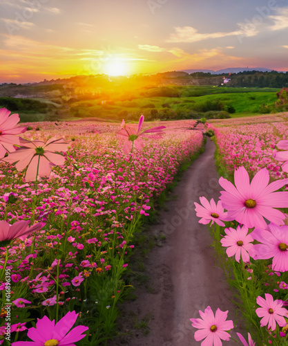 Landscape of the dirt road and beautiful cosmos flower field at sunset time.