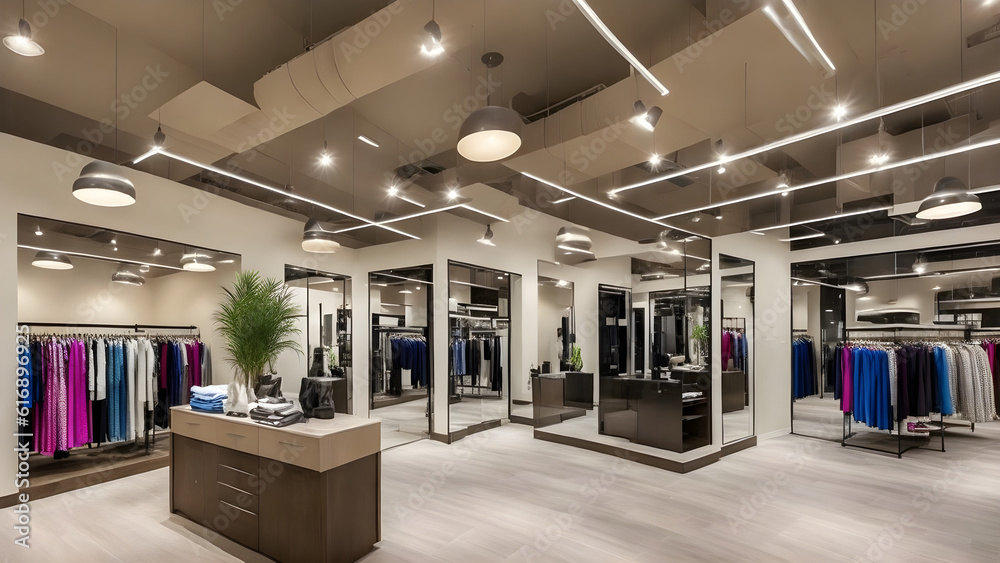 Cloth shop interior design, lighting, display fixtures, space for customer