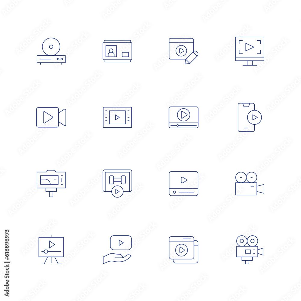 Video line icon set on transparent background with editable stroke. Containing video console, video door phone, video editing, video editor, video player, video recording, video tutorial, video.