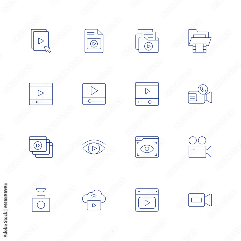 Video line icon set on transparent background with editable stroke. Containing video file, video files, video folder, video player, video call, videos, view, video camera, video recorder, vod.
