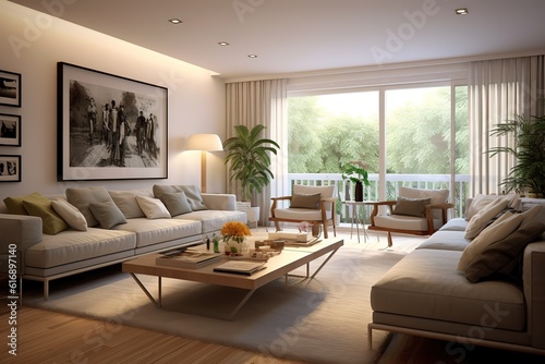 Beautiful and large living room interior with hardwood floors, fluffy rug and designer furniture,Generative AI