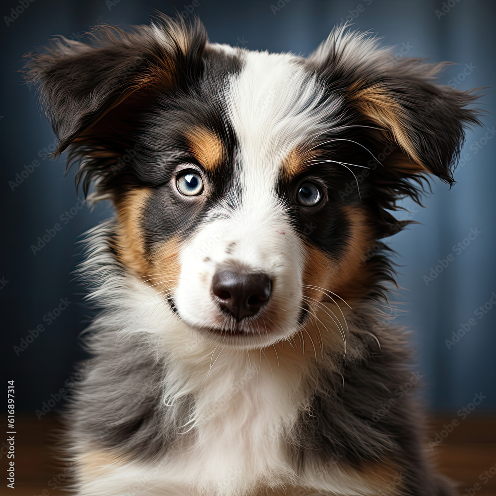 An alert Border Collie puppy (Canis lupus familiaris) with a blue merle coat, displaying its sharp focus and intelligence.