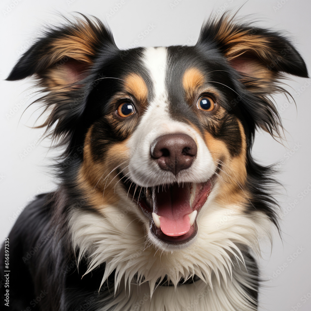A playful Border Collie puppy (Canis lupus familiaris) with a tri-color coat, enjoying a fun moment.